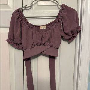 Altard State Purple Puff Sleeve Ruched Crop Blouse